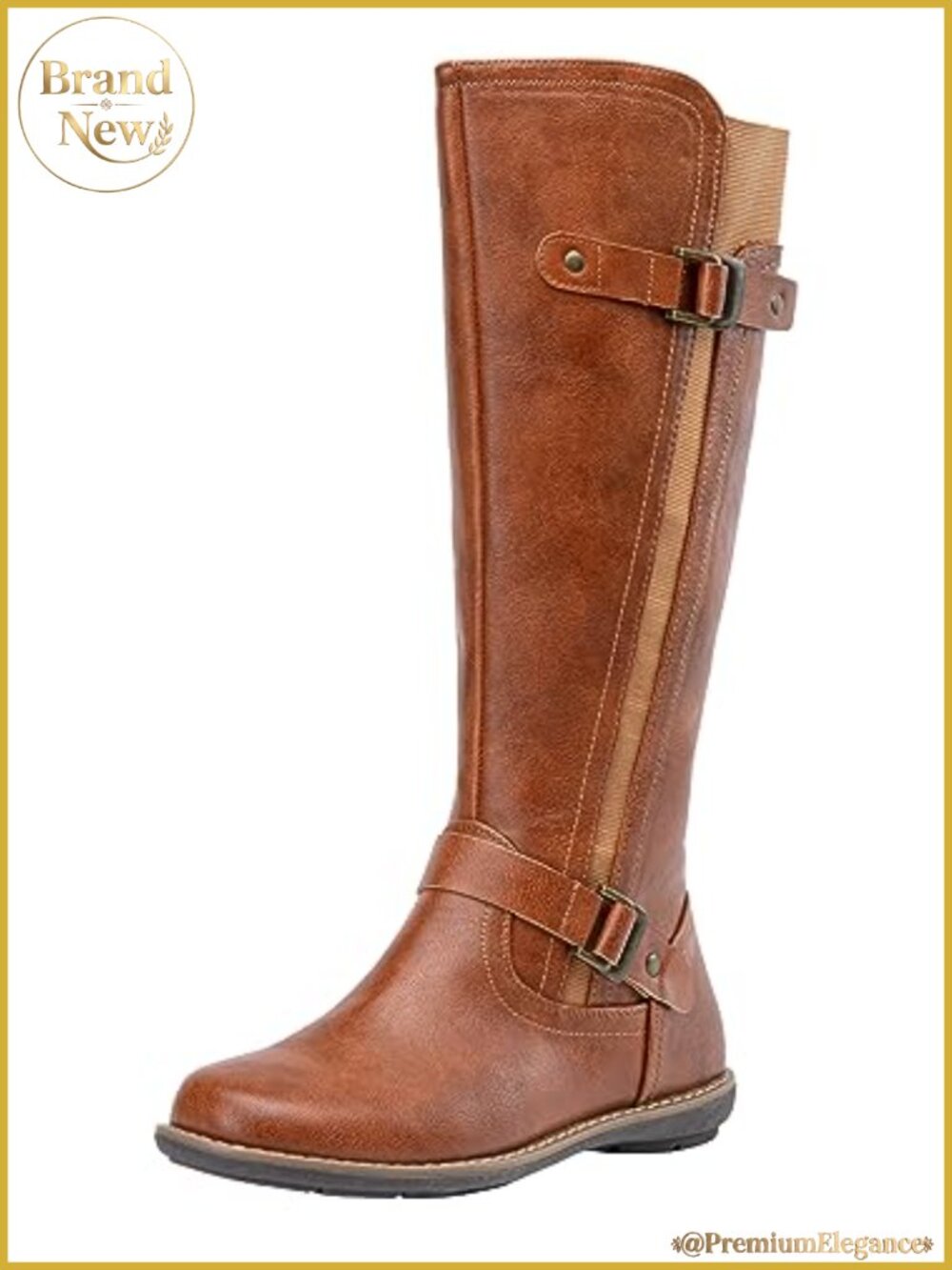 Women's Knee High Riding Boots Flat Heel Faux Leather Side Zip Buckle